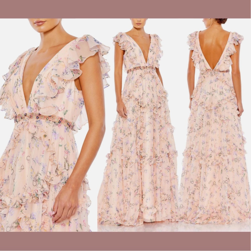 NEW $598 Mac Duggal [ 2 ] Ruffled Floral Print Cap Sleeve Gown in Pink #Q529‎